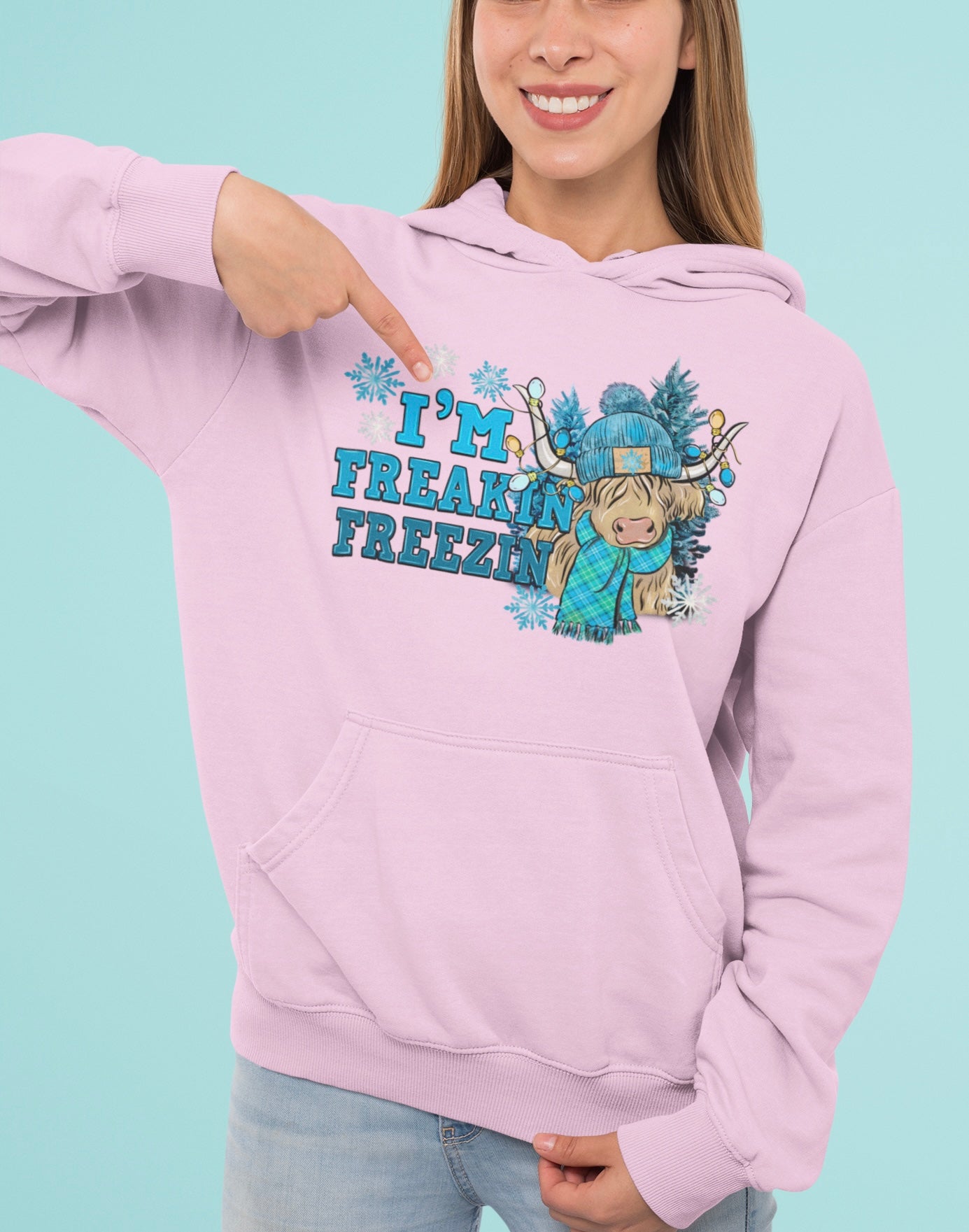 Freaking Cold Highland Cow ~ pink/white hoodie