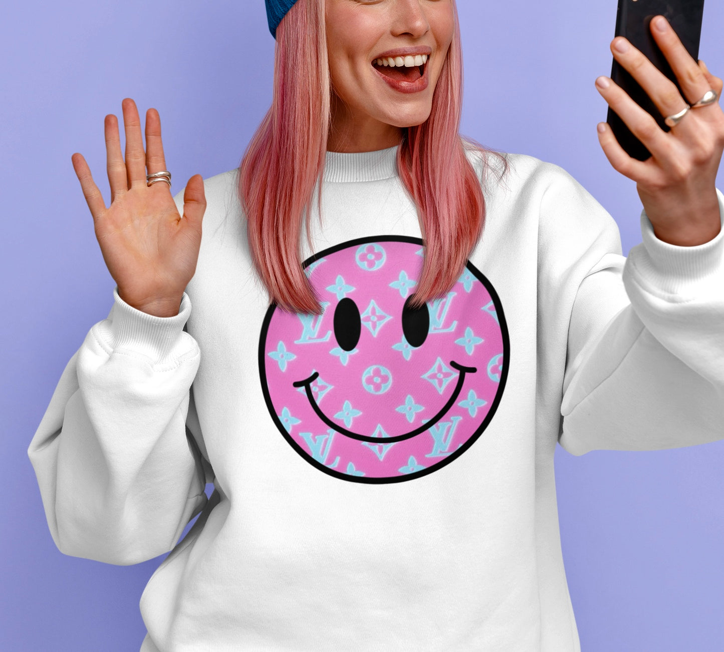 Pink Smiley ~ white sweatshirt